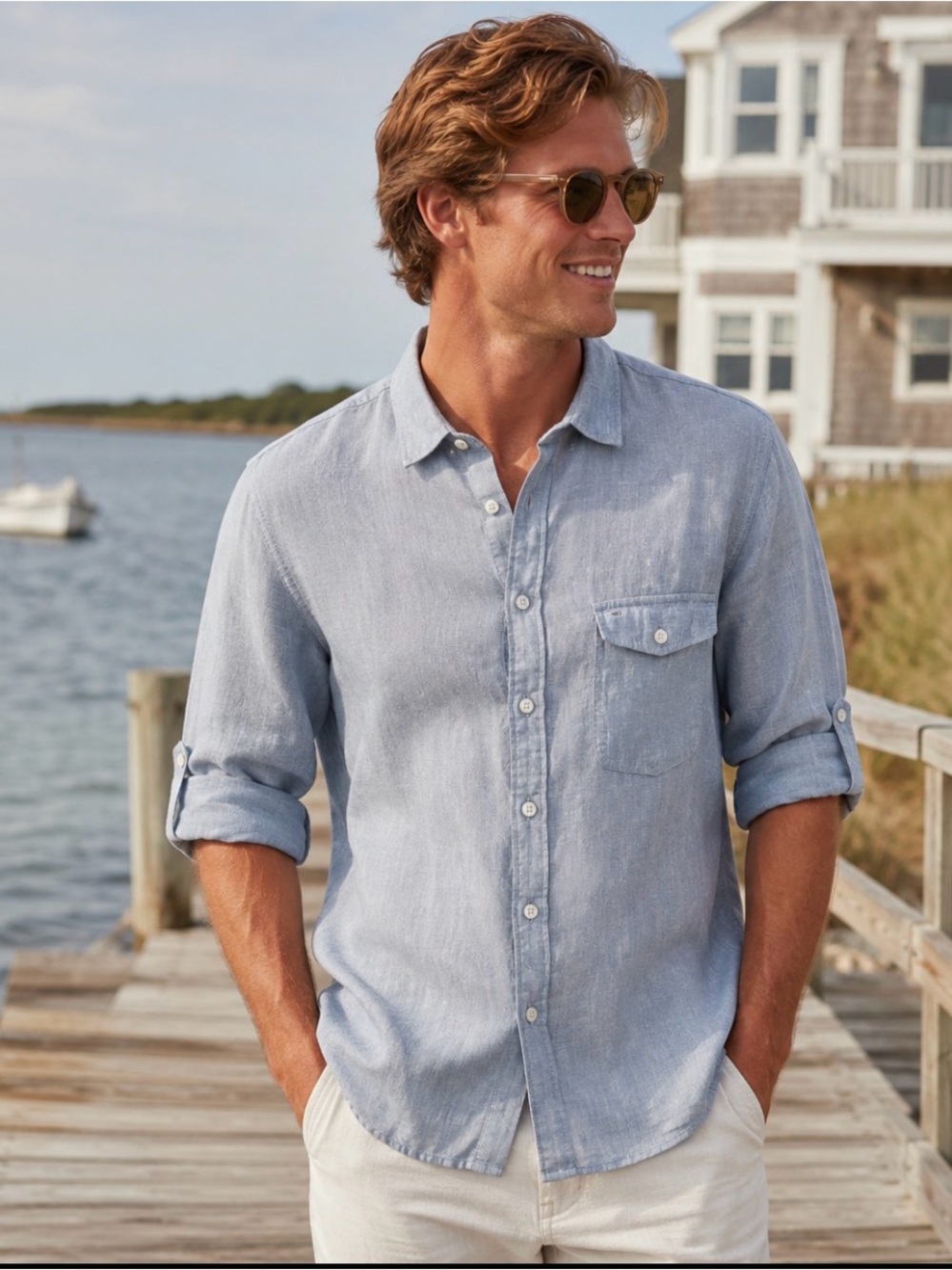 1901 100% Linen Button Front Shirt M Roll Tab Sleeve Coastal Quite Luxury